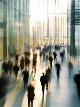 Long exposure picture of business people walking in a bright office lobby, moving fast with blur. AI generated picture. 