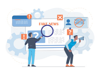 Fototapeta premium People read fake news. Man with magnifying glass and loudspeaker near newspaper. Bad mass media and journalists. Propaganda and disinformation, lie. Linear vector illustration