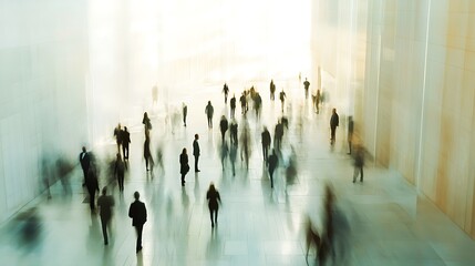 Long exposure picture of business people walking in a bright office lobby, moving fast with blur. AI generated picture. 