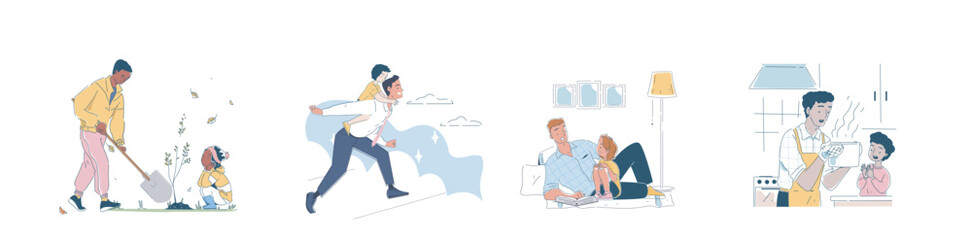Set of fatherhood. Scenes with fathers with sons and daughters. Family spending time together. Good relationship between parents and children. Parenthood and childhood. Linear vector illustration