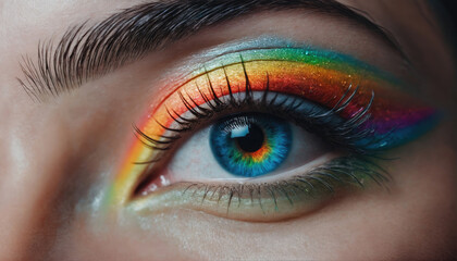 Fototapeta premium Dramatic close-up of a vibrant rainbow eye makeup design showcasing artistic creativity and bold colors