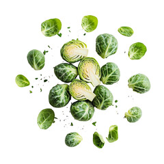 Fresh Brussels sprouts cut and arranged on a light background, showcasing their vibrant green color and texture, Brussels sprout vegetable food ingridient transparent background