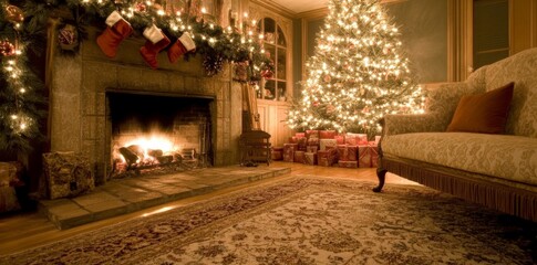 Fototapeta premium Cozy minimalist bedroom with a fireplace, an oversized armchair, and string lights, interior design stock photo