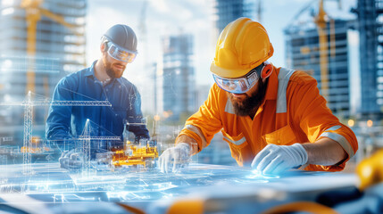 Engineers collaborating on a futuristic construction project