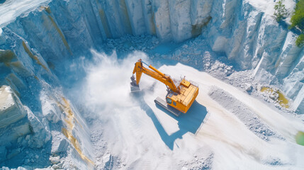 Heavy machinery working in a limestone quarry during daytime