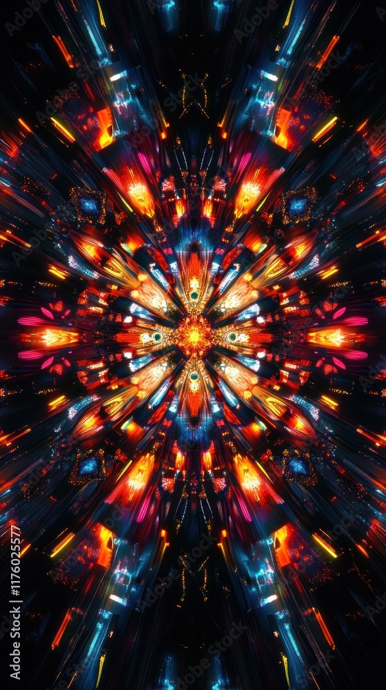 Poster vibrant abstract burst of light and color with radiating patterns and dynamic energy emphasizing dep