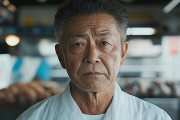 Fototapeta premium 老舗の寿司職人が店内で真剣な表情を浮かべている様子