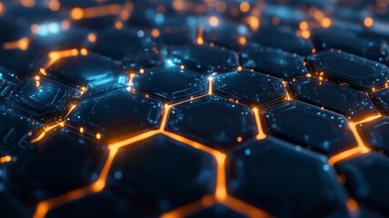 Obraz premium Futuristic hexagonal grid structure with glowing orange edges and digital blue surfaces