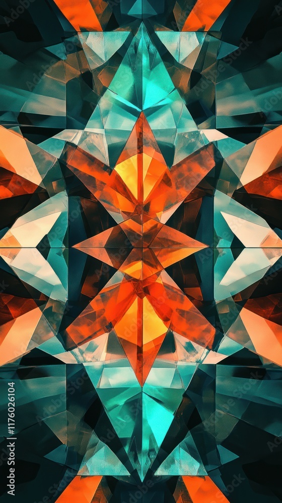 Poster vibrant geometric patterns with bold colors and angular shapes, an abstract digital artwork showcasi