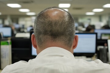 オフィスでコンピュータに向かう男性の後ろ姿
