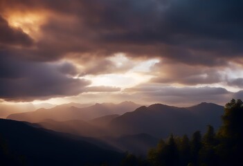 Fototapeta premium paint mountains sunrise filled sky rays dramatic clouds lig Sunset