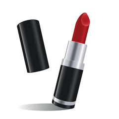 Obraz premium Red Juicy Lipstick in a black glossy case. Realistic vector illustration of red lipstick isolated on white. Beauty design element.
