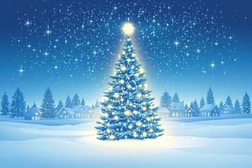 Beautiful Christmas card background with houses, pine trees, and snow in the distance, featuring a large Christmas tree shining bright lights, a starry sky, and a blue gradient. 