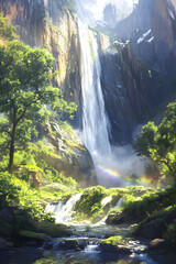 Naklejka premium Majestic Yosemite Falls: Nature's Grand Tapestry of Water and Greenery in California's Iconic Park