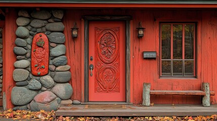 Red vines wrap around the entrance of a stone cottage with a red door