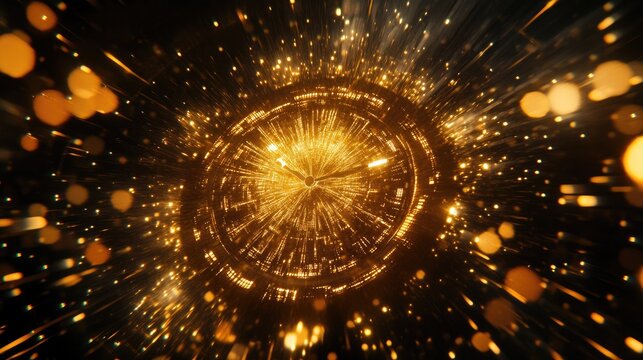 Golden clock exploding with light and sparkles.