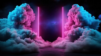 Two radiant neon portals are symmetrically positioned among swirling sapphire and magenta clouds, creating a mystical gateway to an abstract celestial dimension.