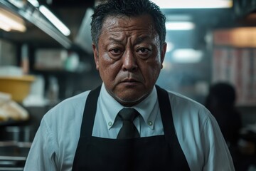Fototapeta premium 調理場で真剣な表情をした男性のシェフ
