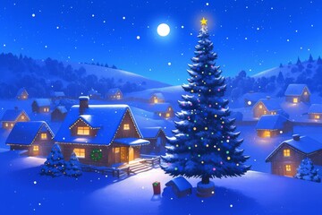 Naklejka premium Beautiful Christmas card featuring a snowy village landscape with pine trees, a starry sky, a brightly lit house, and a decorated Christmas tree