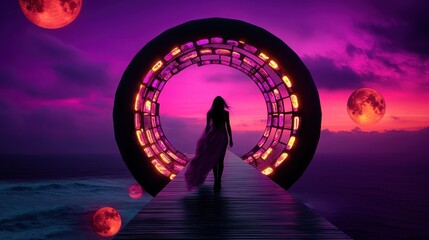 A silhouetted woman walks towards an illuminated portal under a vibrant, otherworldly sky with numerous moons, evoking wonder, mystery, and futuristic dreams.