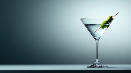 A sophisticated martini glass is showcased with a toothpick holding two olives, conveying a sense of elegance and simplicity in beverage presentation.