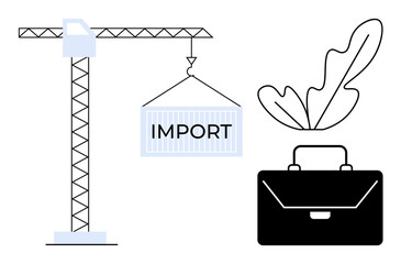 Crane lifting import container, business briefcase and leaf outline. Ideal for commerce, logistics, trade, business strategies, sustainability, corporate growth globalization. Abstract line flat