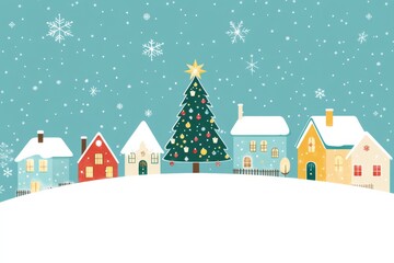 Beautiful Christmas card featuring a snowy village landscape with pine trees, a starry sky, a brightly lit house, and a decorated Christmas tree