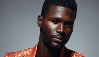 Model showcases bold fashion choice with shimmering jacket and captivating expression in studio setting