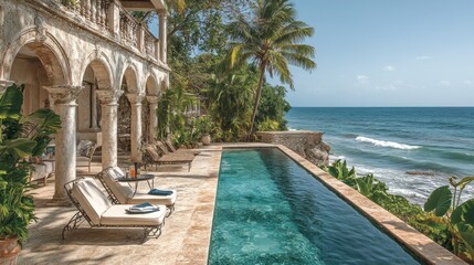 Fototapeta premium A serene coastal villa with an infinity pool overlooking the ocean.