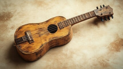 Fototapeta premium Old, worn wooden acoustic guitar on textured background.