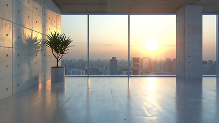 Modern Office with Panoramic City Sunset View