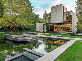A large house with a pool and a garden