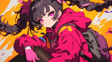  Cute Anime Girl with Braided Twin Tails, Pink Gloves, Red Hoodie, and Black Tights in Japanese Anime Style