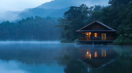Fototapeta premium Serene Lakeside Cabin at Dusk