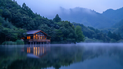 Fototapeta premium Serene Lakeside Cabin at Dusk