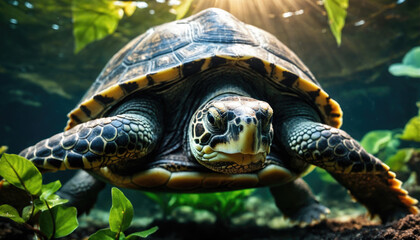 Obraz premium Majestic turtle swimming through lush underwater vegetation in a serene aquatic environment