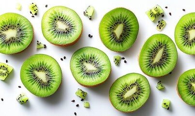 Fototapeta premium fresh kiwi fruit slices on white background with vibrant green texture