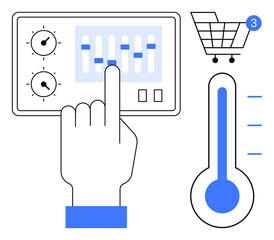 Hand adjusting control panel settings with sliders and dials, thermometer with blue levels, shopping cart icon with notification indicator. Ideal for technology, smart home, shopping, notifications
