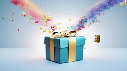 festive gift box animation bursts open revealing colorful confetti highlighting promotional events online giveaways holiday themed digital visuals
