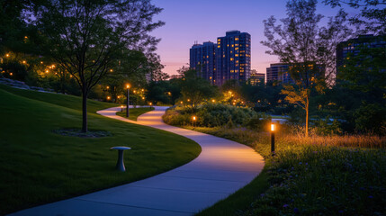 Picturesque Urban Park at Dusk, with Pathways Lit by Lanterns, Quiet Corners for Reflection, and the Glowing Outlines of Modern Buildings in the Background, Offering a Serene Escape in the Heart of th