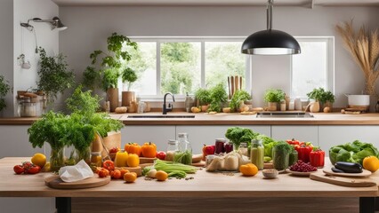 Assorted fresh vegetables beautifully arranged in contemporary kitchen. Bright tomatoes and herbs evoke freshness and health. Excellent for culinary projects, food marketing, and recipe ideas.