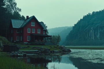 Fototapeta premium A red wooden house is positioned in a green field with a background of green hills and trees