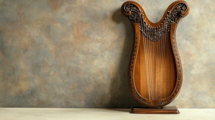 Ornate wooden lyre against textured wall.