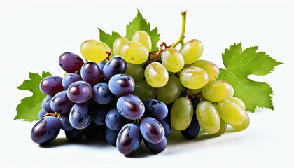 Fototapeta premium Fresh green and black grapes arranged elegantly with green leaves on a neutral background
