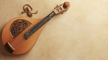 Ornate vintage lute lies on beige background.