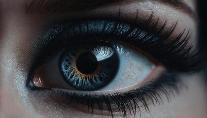 Naklejka premium Close-up of an eye reflecting intricate patterns and colors during an artistic display at a modern art installation