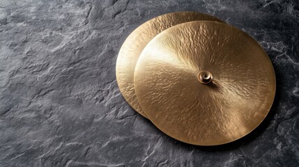 Obraz premium Pair of golden cymbals on dark stone surface.