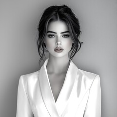 Fashion-forward woman with smooth, glowing complexion in a chic, modern fashion outfit. High-fashion pose exuding timeless elegance and photogenic beauty. 