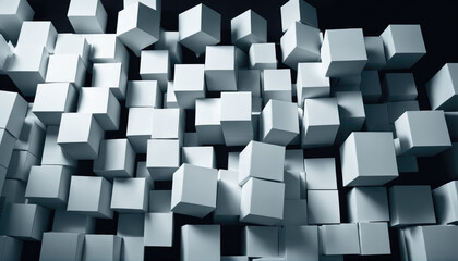 Abstract arrangement of numerous white cubes creating a 3D geometric effect on a dark background