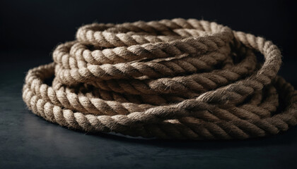 Obraz premium Coiled natural fiber rope resting on a dark surface with soft shadows creating a dramatic effect